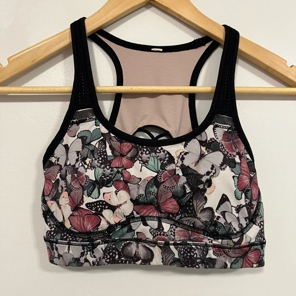 Lululemon Sweaty Or Not Bra II So Fly Butterfly Angel Wing Multi/Black 6